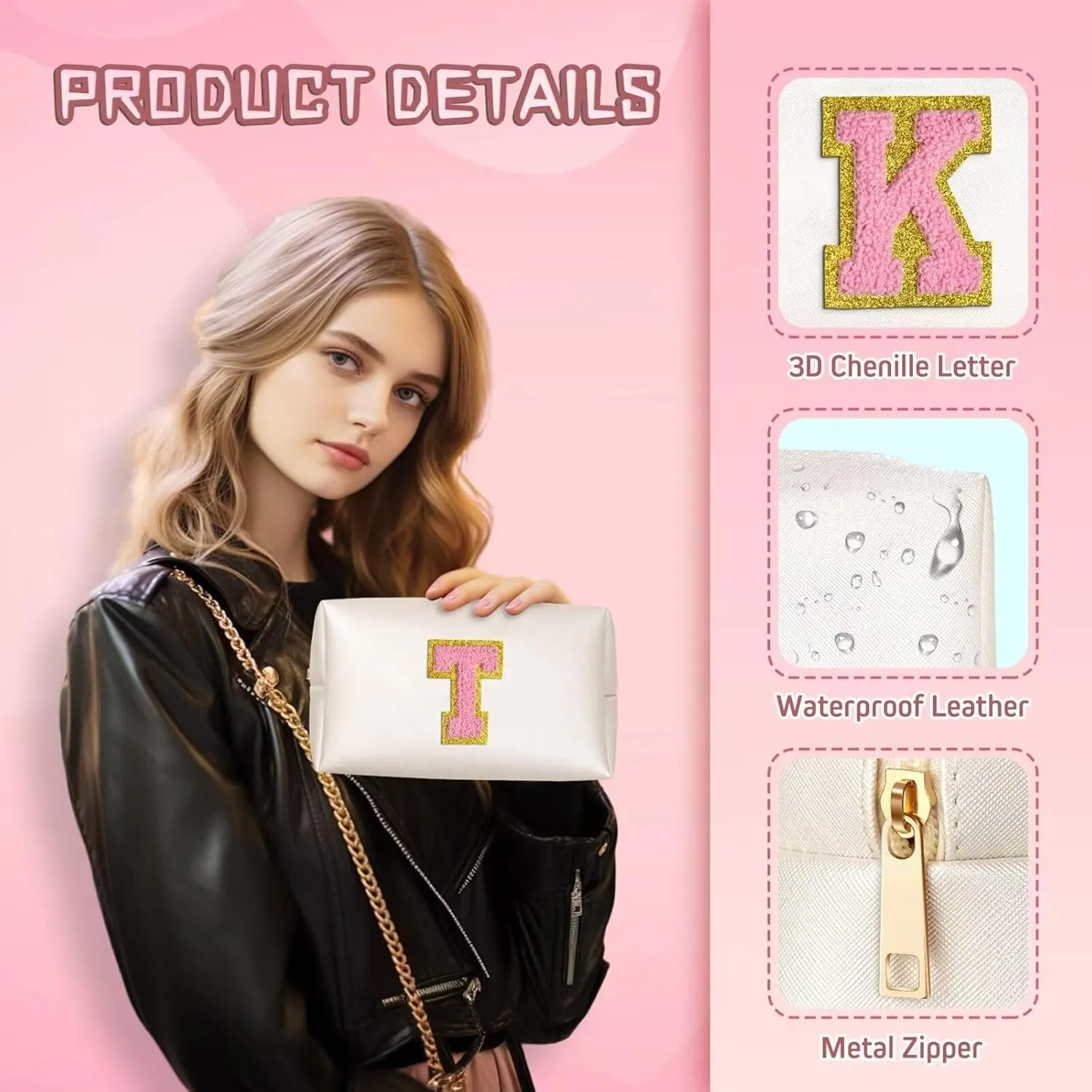TOPEAST Initial Cosmetic Bag, PU Leather Waterproof Travel Toiletry Bag, Monogrammed Gifts for Women, Personalized Birthday Gift for Sister Friends, Cute Stuff for Girls (Pearly White K)