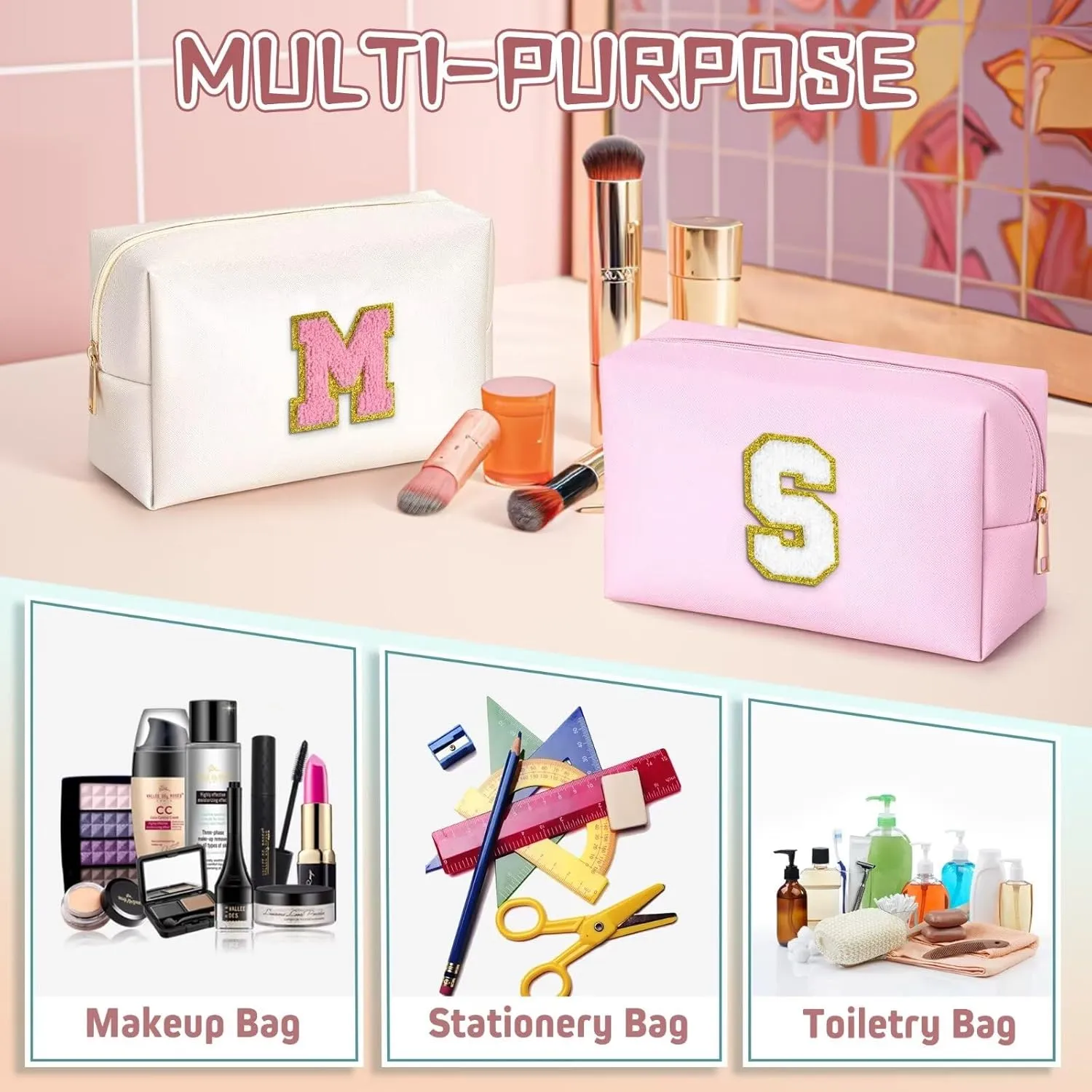 TOPEAST Initial Cosmetic Bag, PU Leather Waterproof Travel Toiletry Bag, Monogrammed Gifts for Women, Personalized Birthday Gift for Sister Friends, Cute Stuff for Girls (Pearly White K)