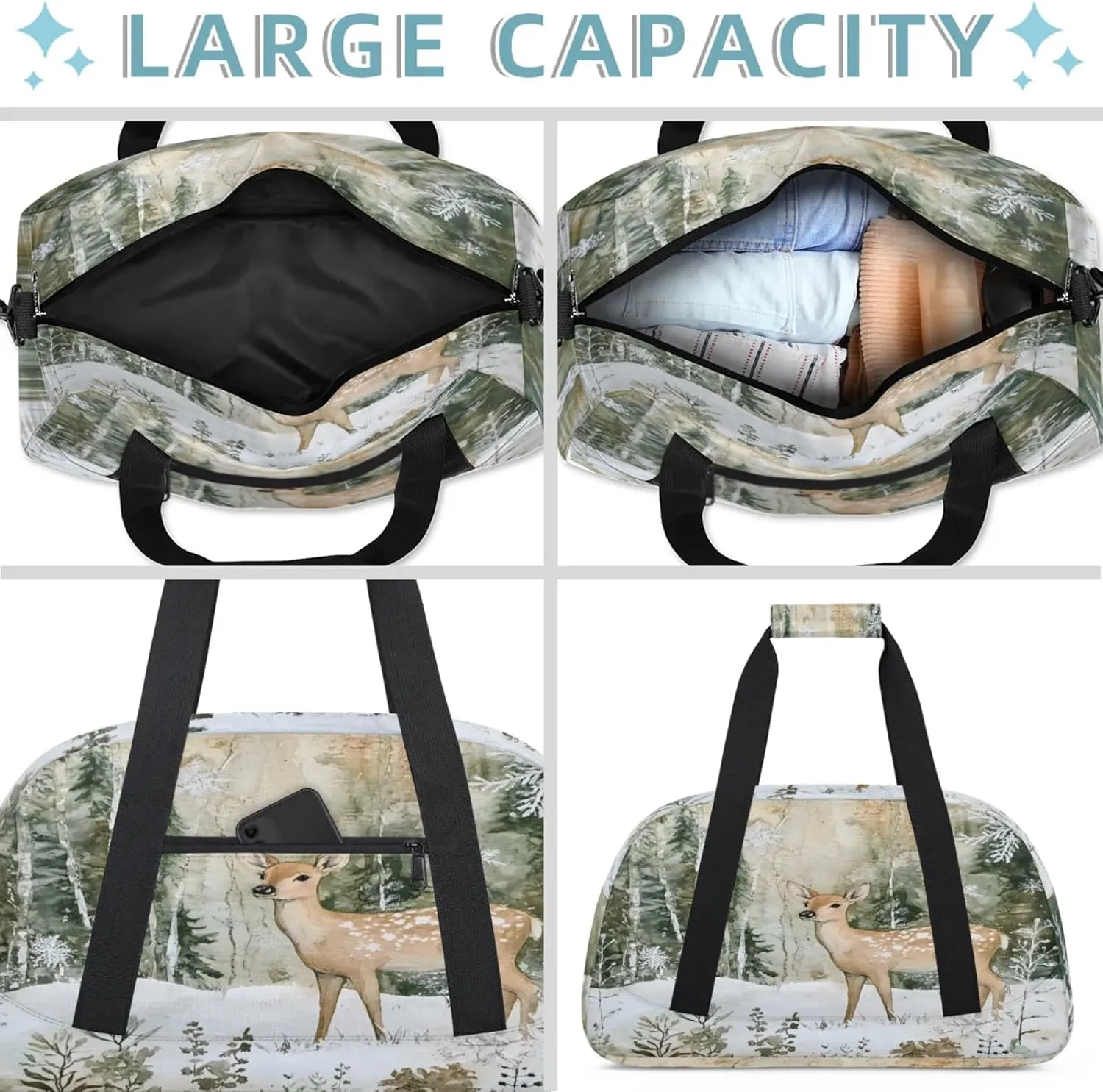 Winter Wonderland Deer Snowflakes Small Gym Bag 18 inch Carry On Duffel Bag for Weekender Travel Sports Workout Yoga Gymnastics Dance Ballet