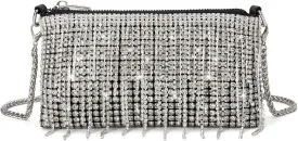Women Sparkly Rhinestone Purse Tassel Crystal Diamond Crossbody Bag Silver Chain Clutch for Evening Prom Party