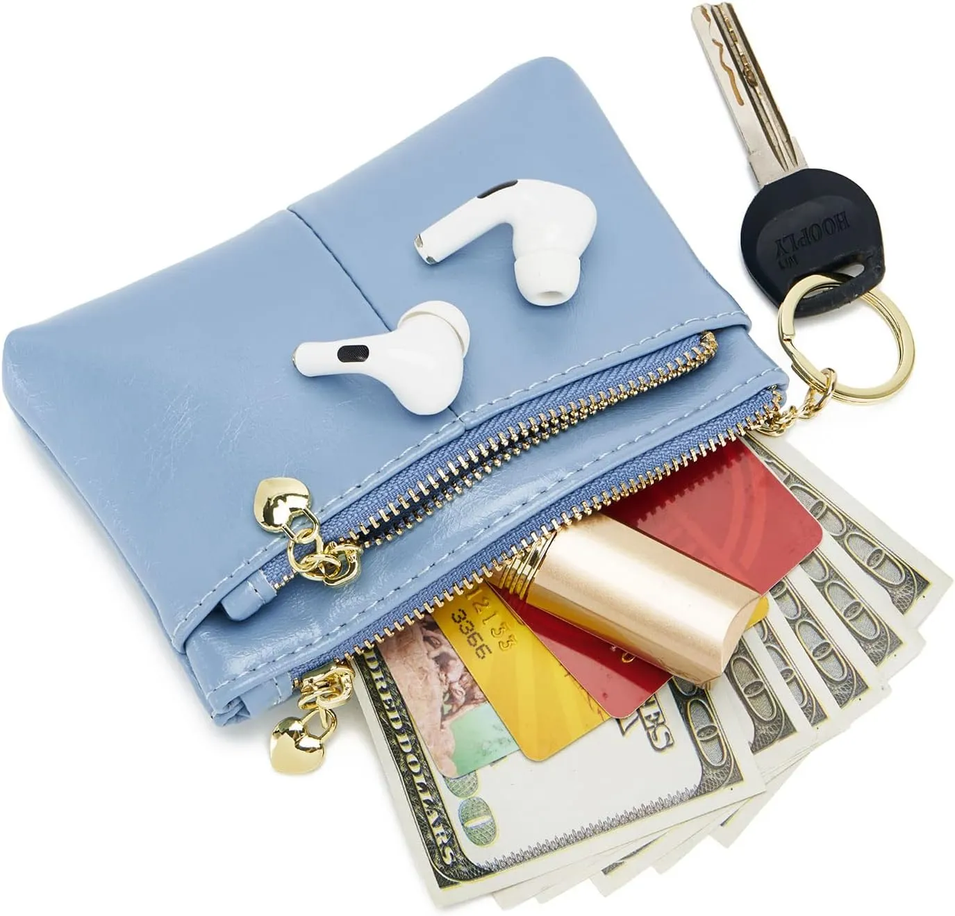 ZOOEASS Women PU Leather Zip Mini Coin Purse With Key Ring Triple Zipper Card Holder Wallet (Blue)