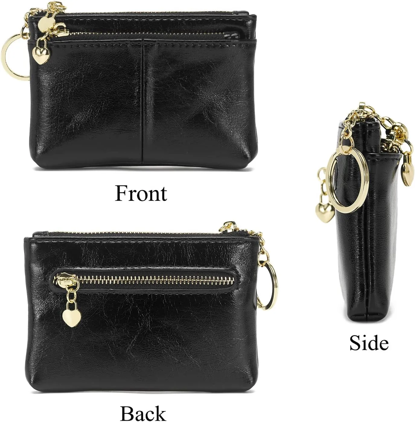 ZOOEASS Women PU Leather Zip Mini Coin Purse With Key Ring Triple Zipper Card Holder Wallet(Black)