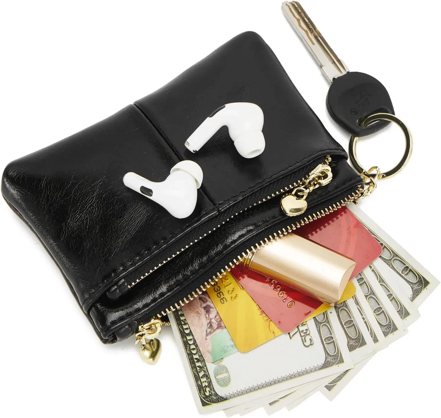 ZOOEASS Women PU Leather Zip Mini Coin Purse With Key Ring Triple Zipper Card Holder Wallet(Black)
