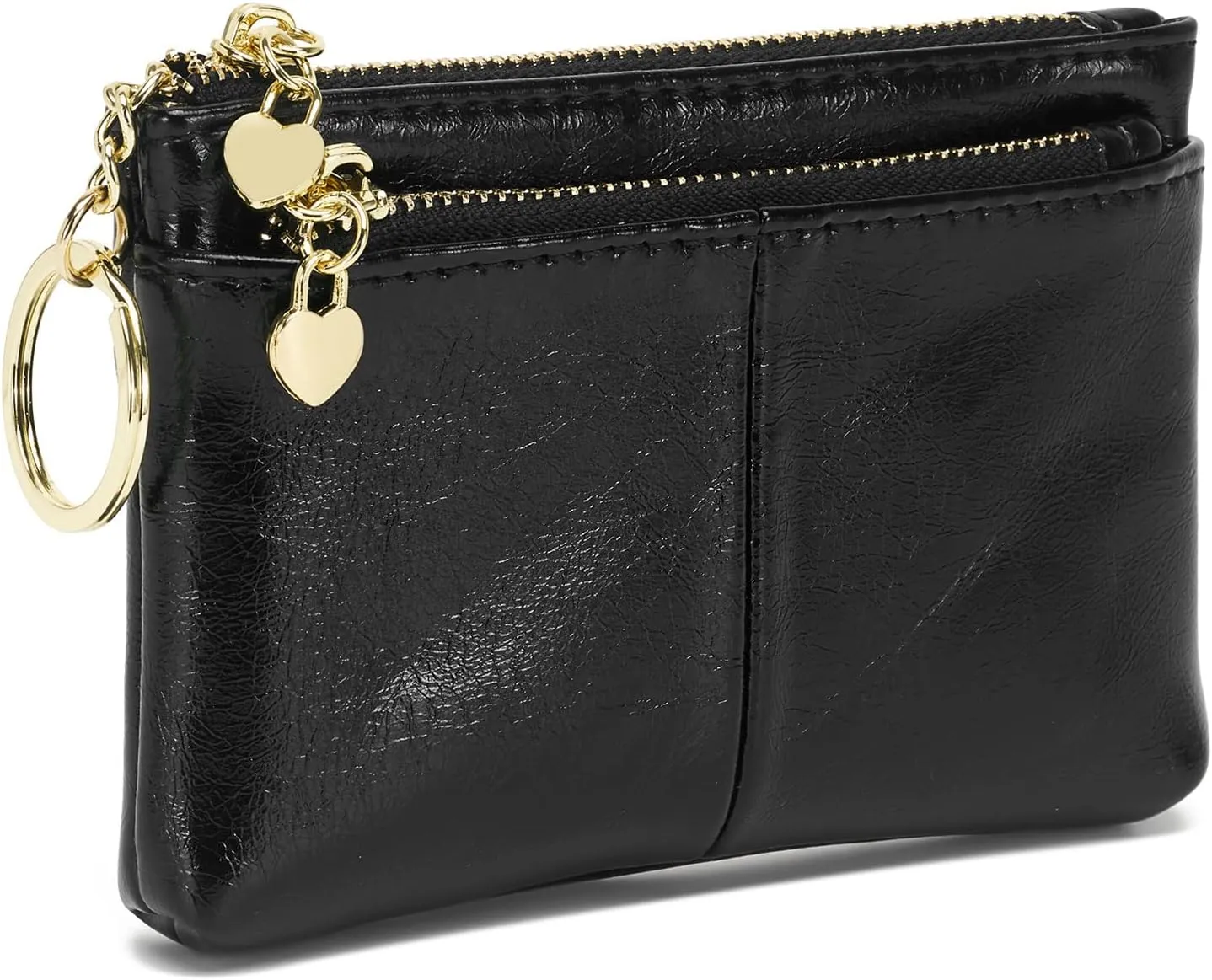 ZOOEASS Women PU Leather Zip Mini Coin Purse With Key Ring Triple Zipper Card Holder Wallet(Black)